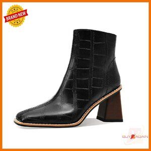 Chunky Heel Ankle Booties Square Toe Side Zipper Fall Winter Boots